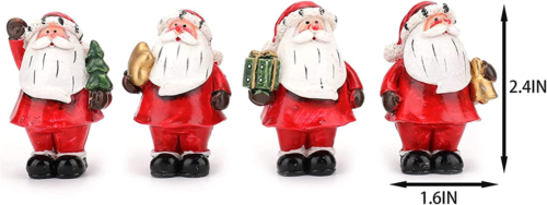4 Pack Mini Santa Christmas Figurines, Resin Classic Santa with Christmas Tree & Gifts for Tabletop
