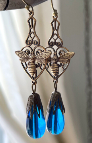 Honeybee Earrings Bee Filigrees Prussian Blue Czech Glass Jewelry