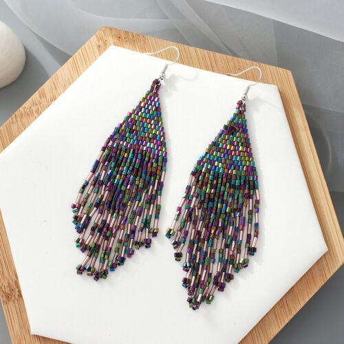 Bohemian Seed Beads Fringe Tassel Woven Drop Earrings Handmade Jewelry