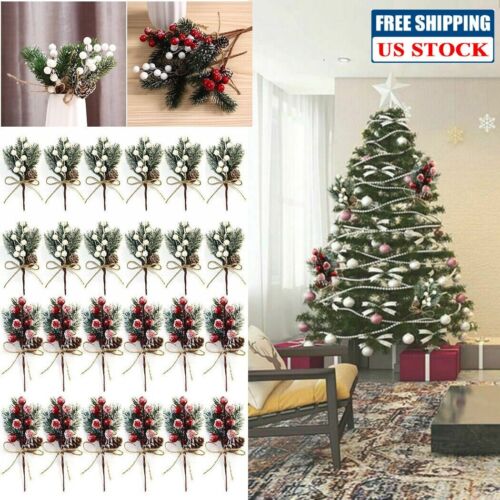 10× Artificial Flower Christmas Red Berry Pine Cone & Holly Branch Floral Decor