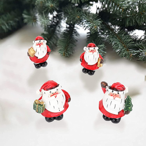 4 Pack Mini Santa Christmas Figurines, Resin Classic Santa with Christmas Tree & Gifts for Tabletop