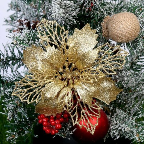 10Pcs Glitter Christmas Poinsettia Hanging Flowers Xmas Party Tree Decoration 5"