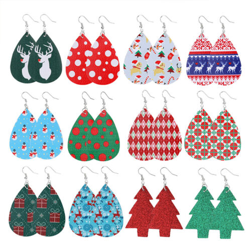 12 Pairs Christmas Faux Leather Teardrop Dangle Earrings Xmas Jewelry for Women