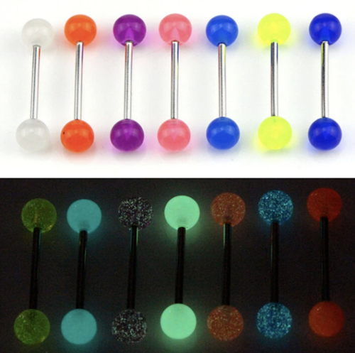 7pc Set Glow In The Dark Luminous Barbell Tongue Rings