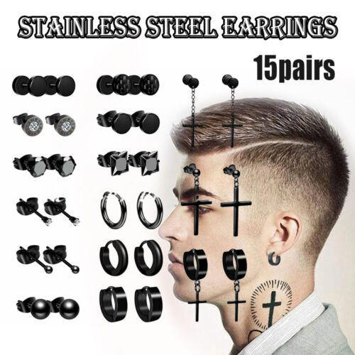 15 Pairs Earrings Men Women Stainless Steel Cross Stud Hoop Set