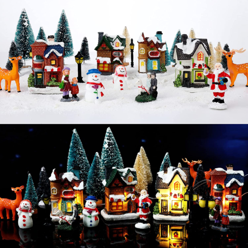 28 Pcs Christmas Village Figurines Decoration Set Lighted LED Christmas Village