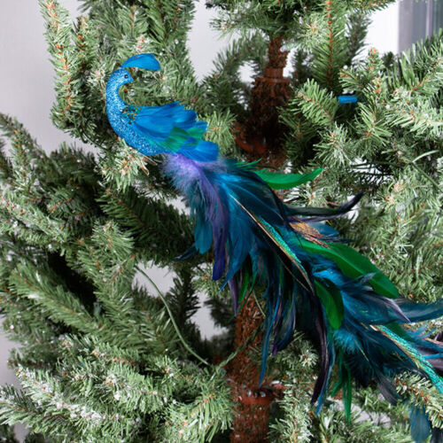 19" Peacock Christmas Ornament Glittered Bird with Feather Xmas Tree Decoration