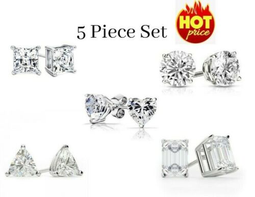 925 Sterling Silver CZ Stud Earrings Cubic Zirconia 5PC Earrings Set