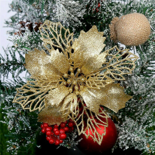 Glitter Christmas Poinsettia Hanging Flowers Xmas Party Tree Decoration