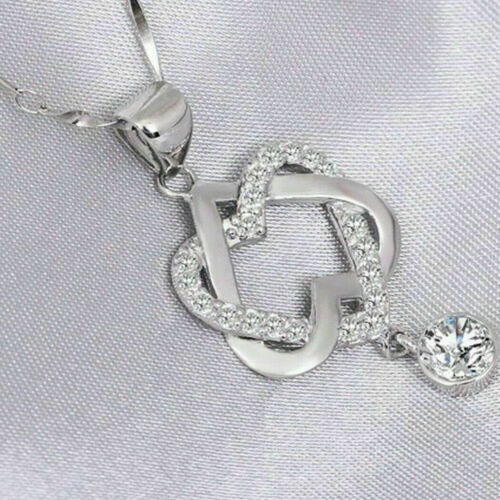 Gorgeous 925 Silver Necklace Pendant Women Cubic Zircon Jewelry Double Heart USA