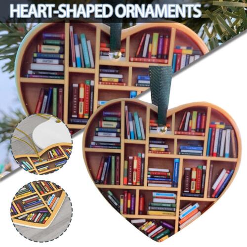Book Lovers Heart-Shaped Bookshelf Pendant Ornament Christmas Tree Decor Gifts