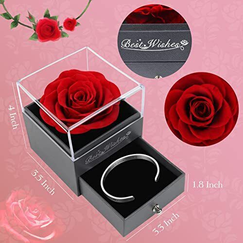 Preserved Red Real Rose Gift w/ Bracelet for Valentines Day