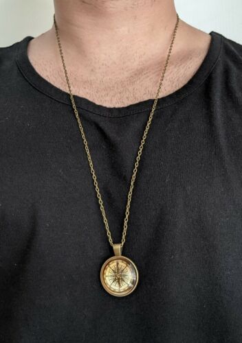 Old Fashion Vintage Compass Pendant Chain Necklace Antique Style Jewelry Bronze