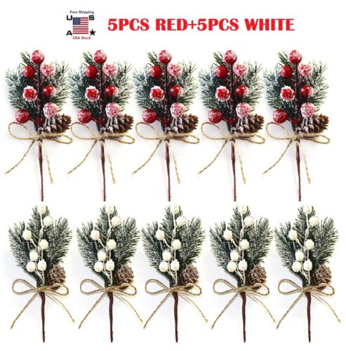 10× Artificial Flower Christmas Red Berry Pine Cone & Holly Branch Floral Decor