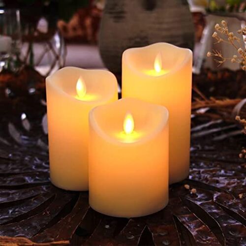 3 Pack Candles Luminara Flameless LED Timer Remote WAX Pillar Ivory Moving Wick