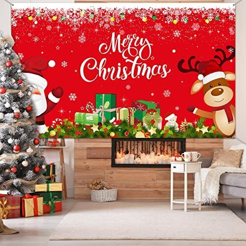 Christmas Backdrop Banner Santa Claus Reindeer Party Solid-color Pattern Red