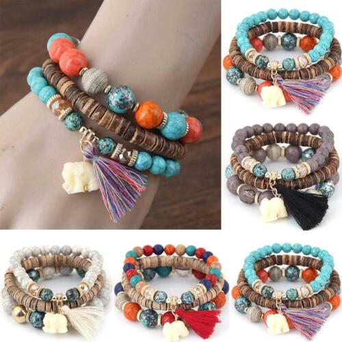 Women Fashion Wood Beads Bracelets Vintage Boho Small Elephant Charm Bracelets