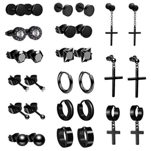 15 Pairs Earrings Men Women Stainless Steel Cross Stud Hoop Set