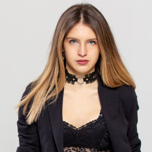 Women Gothic Punk Heart Lace Leather O-Ring Choker Collar Necklace