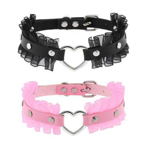 Women Gothic Punk Heart Lace Leather O-Ring Choker Collar Necklace