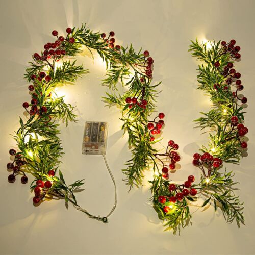 Pre Lit Artificial Christmas Wreath Garland with Lights Red Berries Xmas Decor