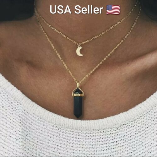 Fashion Jewelry Natural Black White Stone Choker Necklace Women Gold Color Moon