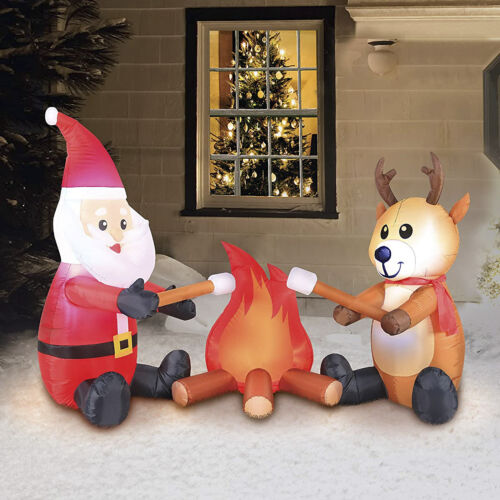 6 Ft Inflatable Campfire Santa and Reindeer Christmas Yard Decoration