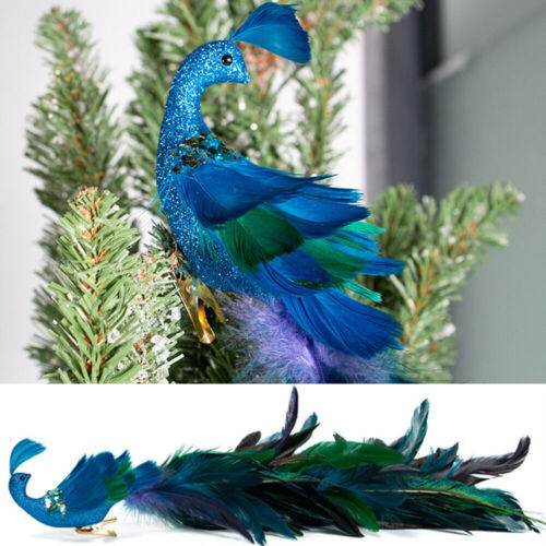 19" Peacock Christmas Ornament Glittered Bird with Feather Xmas Tree Decoration