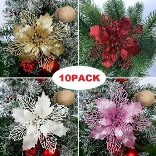 10Pcs Glitter Christmas Poinsettia Hanging Flowers Xmas Party Tree Decoration 5"