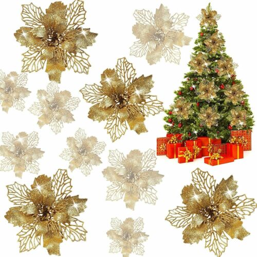 10Pcs Glitter Christmas Poinsettia Hanging Flowers Xmas Party Tree Decoration 5"