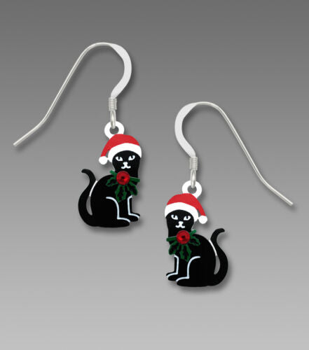 CHRISTMAS BLACK CAT EARRINGS 1918 Sterling Silver Santa Hat Jewelry