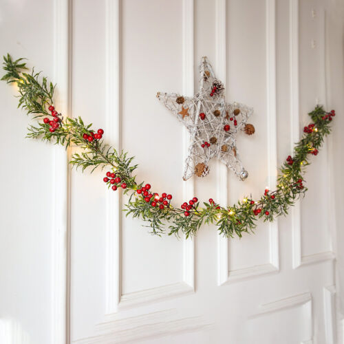 Pre Lit Artificial Christmas Wreath Garland with Lights Red Berries Xmas Decor