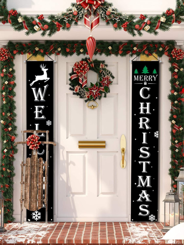 2 Pieces Welcome Christmas Banners Christmas Hanging Porch Sign Black Color