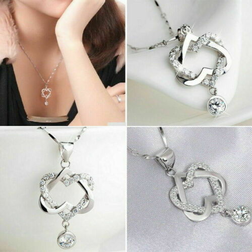 Gorgeous 925 Silver Necklace Pendant Women Cubic Zircon Jewelry Double Heart USA