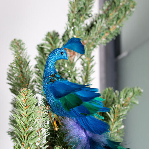 19" Peacock Christmas Ornament Glittered Bird with Feather Xmas Tree Decoration