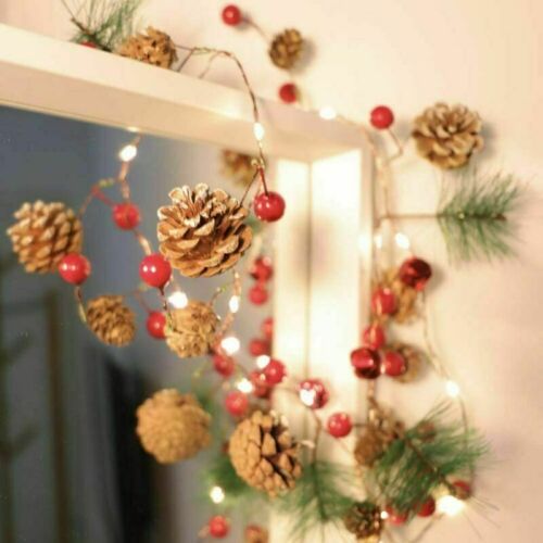 7ft Pre Lit Christmas Garland LED String Lights Pine Cones Fireplace Decoration