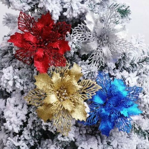 10Pcs Glitter Christmas Poinsettia Hanging Flowers Xmas Party Tree Decoration 5"