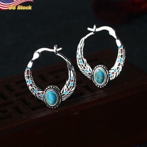 Gorgeous Boho Hoop Earrings Women 925 Silver Plated Blue Jewelry 1 Pair