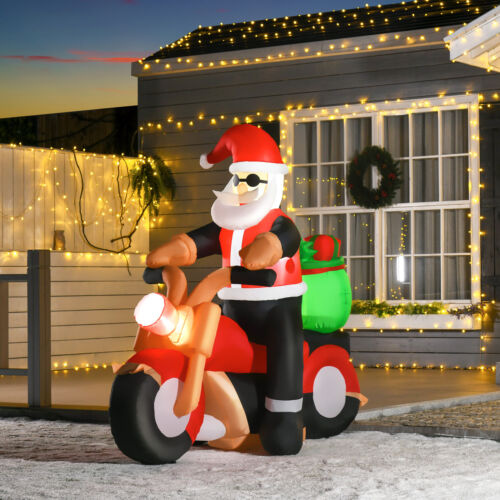 6' Long Santa Riding A Motorcycle Inflatable Christmas Lawn Outdoor LED