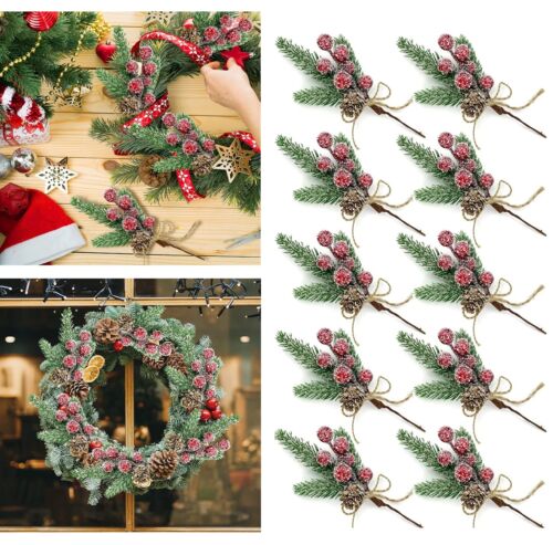 10× Artificial Flower Christmas Red Berry Pine Cone & Holly Branch Floral Decor