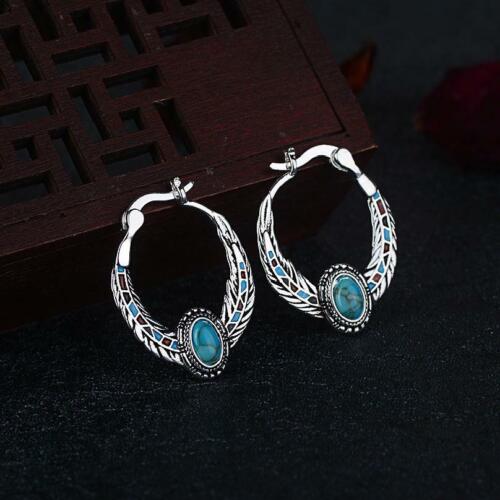 Gorgeous Boho Hoop Earrings Women 925 Silver Plated Blue Jewelry 1 Pair