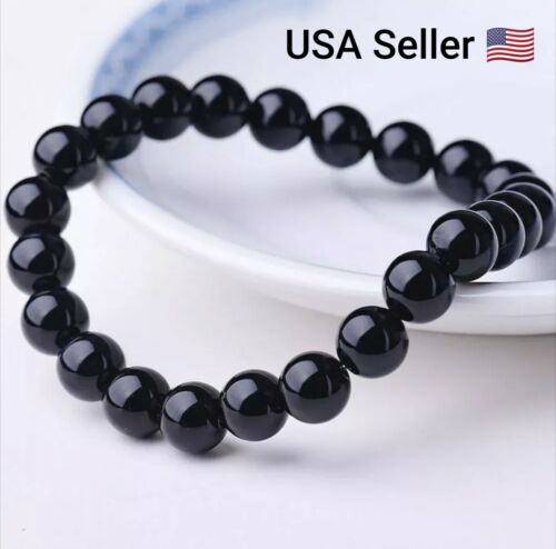 Beaded Bracelet 8mm Natural Stone Beads Men's Gorgeous Semi-Precious Black Onyx