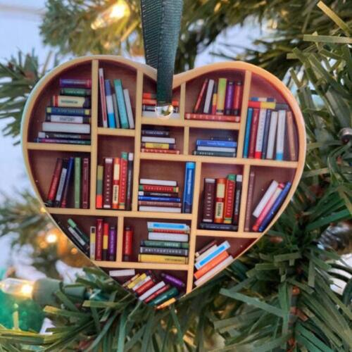 Book Lovers Heart-Shaped Bookshelf Pendant Ornament Christmas Tree Decor Gifts