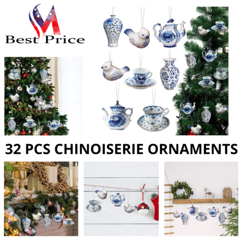 Christmas Chinoiserie Ornaments Hanging Pendant Blue and White Porcelain 32PCS