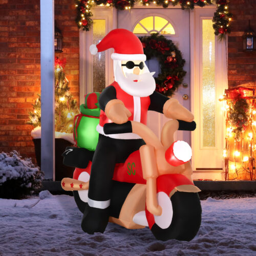 6' Long Santa Riding A Motorcycle Inflatable Christmas Lawn Outdoor LED
