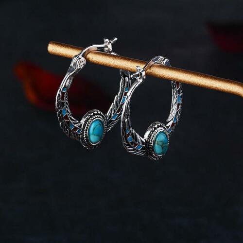 Gorgeous Boho Hoop Earrings Women 925 Silver Plated Blue Jewelry 1 Pair