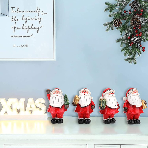 4 Pack Mini Santa Christmas Figurines, Resin Classic Santa with Christmas Tree & Gifts for Tabletop