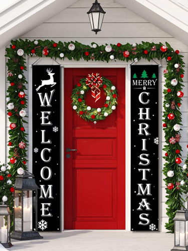 2 Pieces Welcome Christmas Banners Christmas Hanging Porch Sign Black Color