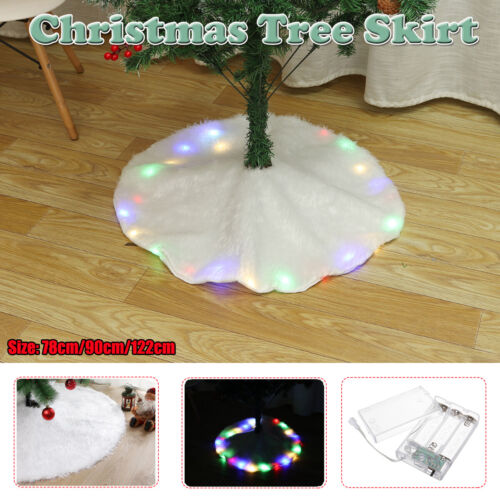 Christmas Tree Skirt White Plush Faux Fur Xmas Party Mat w/ LED Light