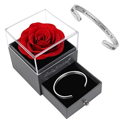 Preserved Red Real Rose Gift w/ Bracelet for Valentines Day